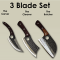 Three custom engraved knives labeled 'The Carver', 'The Cleaver', and 'The Butcher' on a beige background.