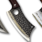 Close-up of a knife with an engraved  textured blade and wooden handle on a white background