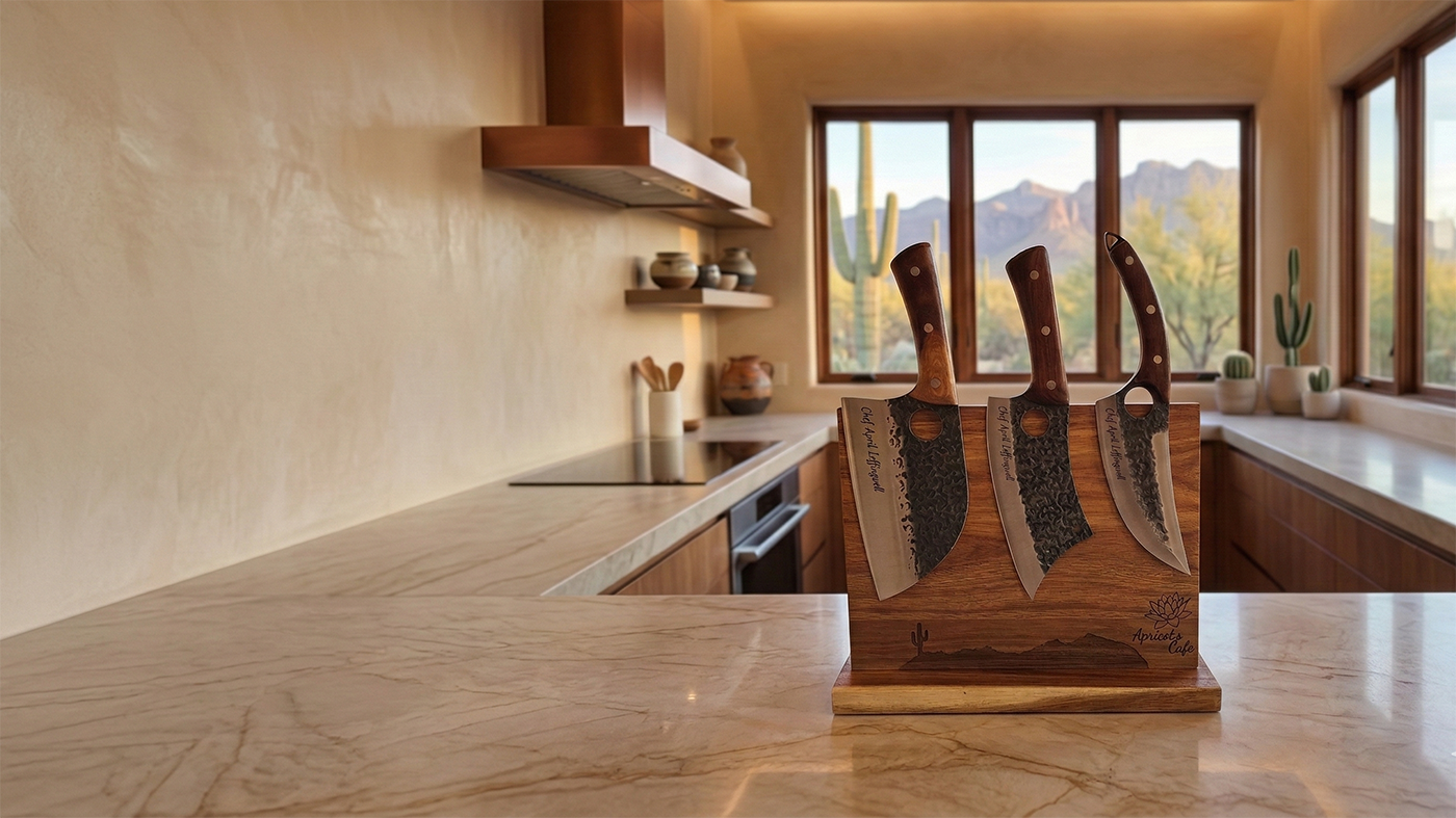Set of engraved knives in a wooden stand on a kitchen counter with a scenic window view.