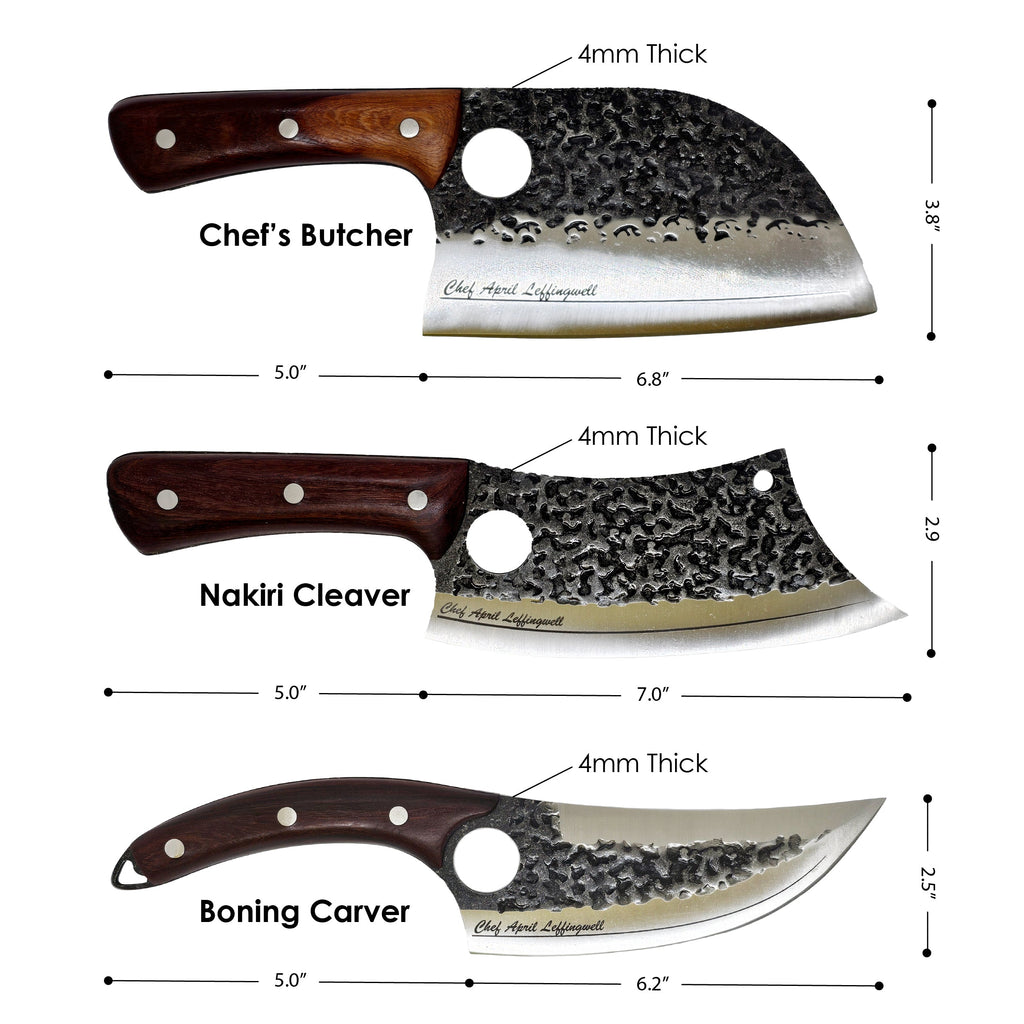 Three types of knives with dimensions labeled on a white background